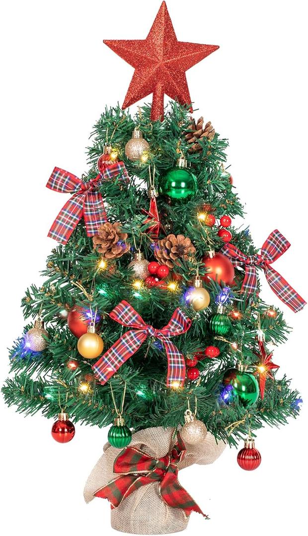 24 Mini Christmas Tree, Tabletop Flocked Small Christmas Tree with Lights, Timer, Tree Topper Star, Snow Frosted Artificial Xmas Tree w/Hanging Ornaments for Holiday DIY Home Decor (Red)