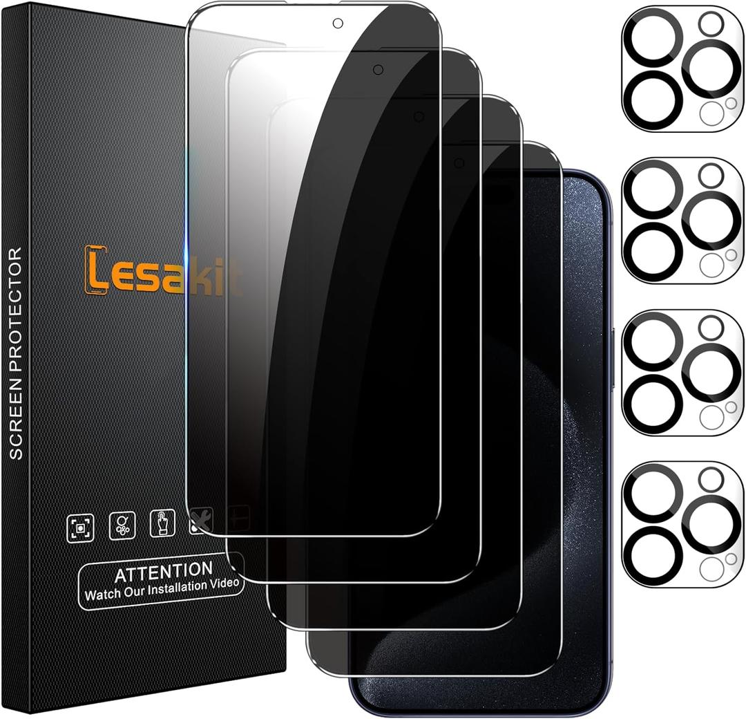 Lesakit 4+4 Pack Privacy Screen Protector for iPhone 15 Pro 6.1-Inch with 4 Pack Camera Lens Protector, Anti Spy Tempered Glass Film 9H Hardness Case Friendly