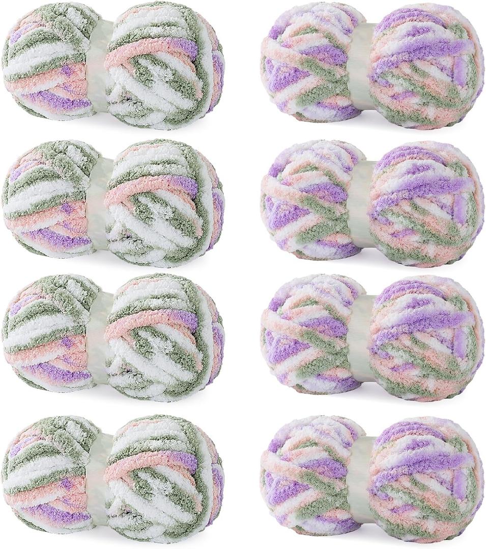 HOMBYS 8 Pack Tie Dye Chunky Chenille Yarn for Hand Knitting, Fluffy Soft Jumbo Crocheting, Super Bulky Plush Big for Chunky Blanket, Large Thick Arm Knitting (8, Pink, Purple, Green, White)