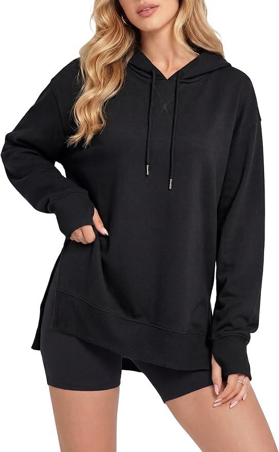 LYANER Women's Hoodies Side Slit Long Sleeve Thumb Hole Casual Loose Sweatshirts, L