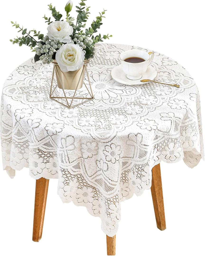 Square Lace Tablecloth 35 X 35 Inch, Off White Lace-Tablecloths & Small Tablecloths Laces Vintage for Round Coffee Table, White Laces Fabric Embroidered Tablecloth for Wedding Rectangle Tables