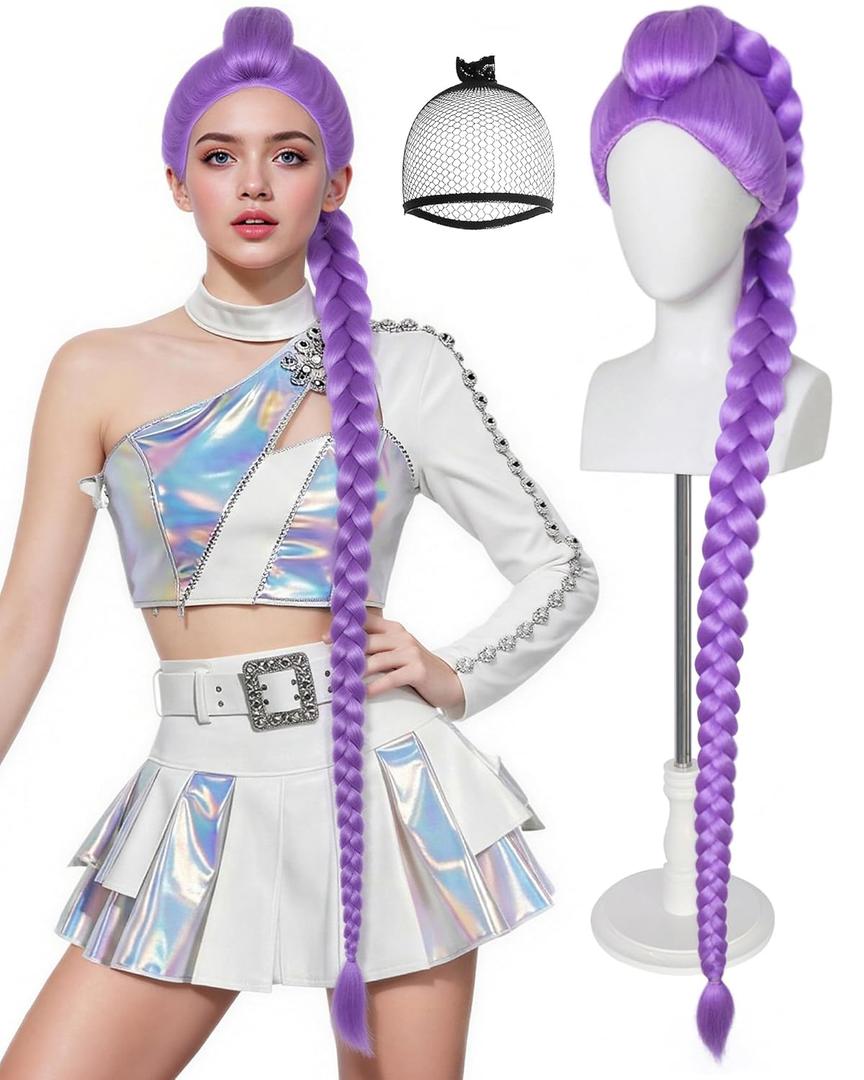 Long Purple Braided Wig for Women Adults Long Purple Wigs with Thick Braided Singers Anime Cosplay Wigs for Stage Halloween Costume Outfit Party + Hair Cap