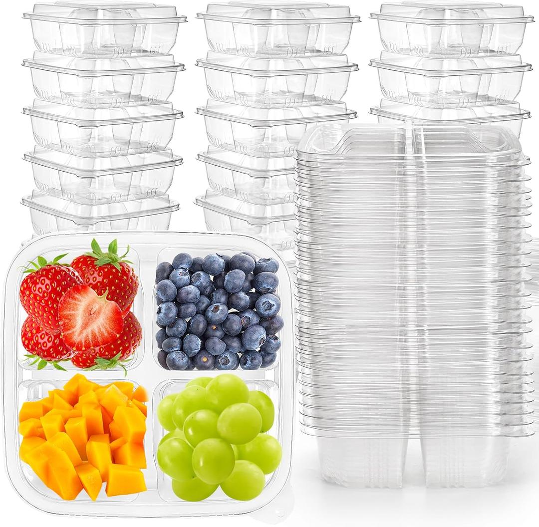 Peohud 50 Pack Clear Bento Snack Containers, 4 Compartment Food Storage Containers, Reusable Meal Prep Containers, Plastic Divided Bento Boxes with Lids for Lunch, Work, Travel
