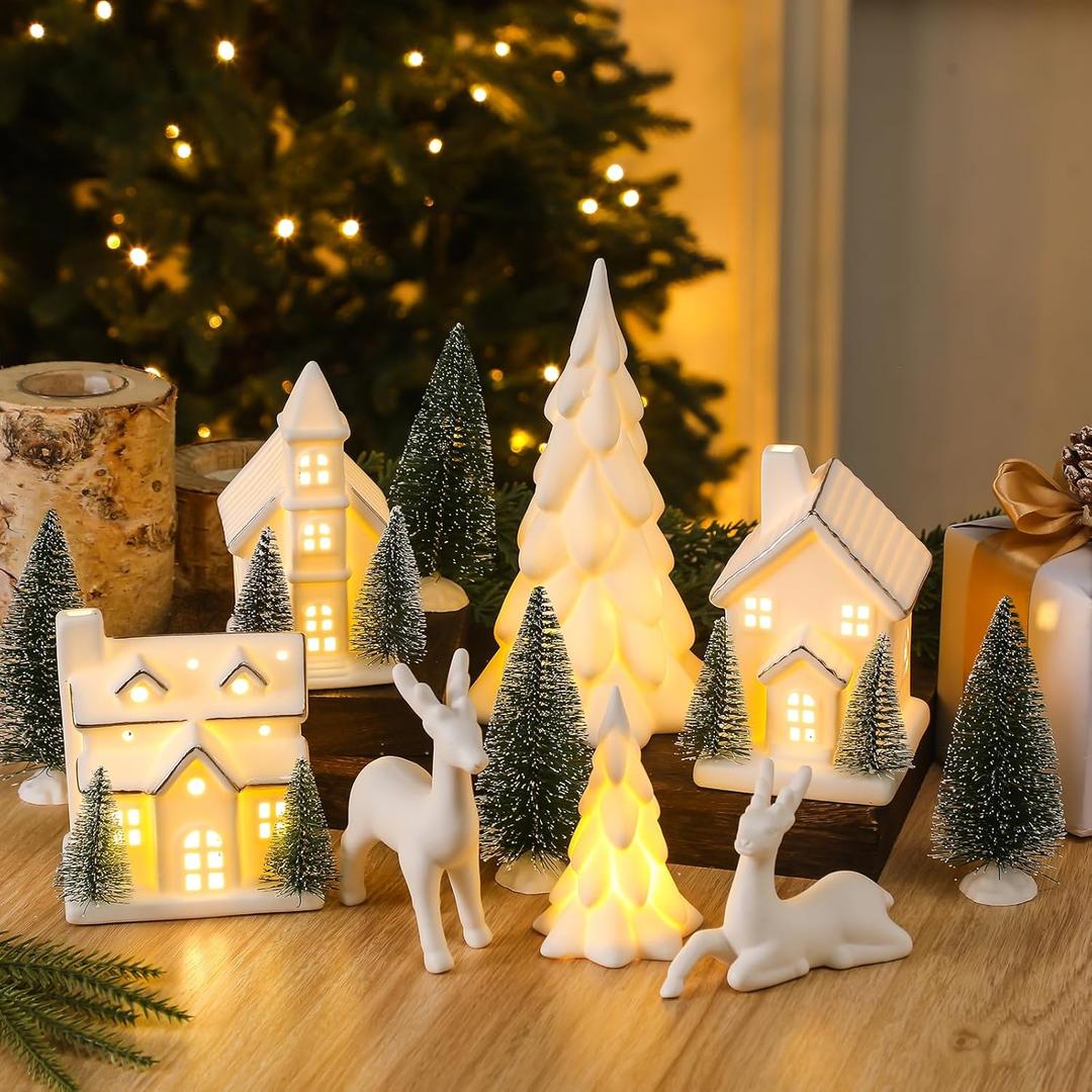 12 Pcs Ceramic Christmas Village Set, 3 White Village Houses with Lights 2 LED Ceramic Christmas Tree 2 Porcelain Reindeer Figurines 5 Sisal Tree for Xmas Winter Holiday Fireplace Tabletop Decor