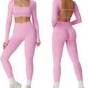 ABOCIW Workout Sets for Women 2 Piece Seamless Backless Long Sleeve Crop Top High Waisted Leggings Gym Sets (Small, Pink)