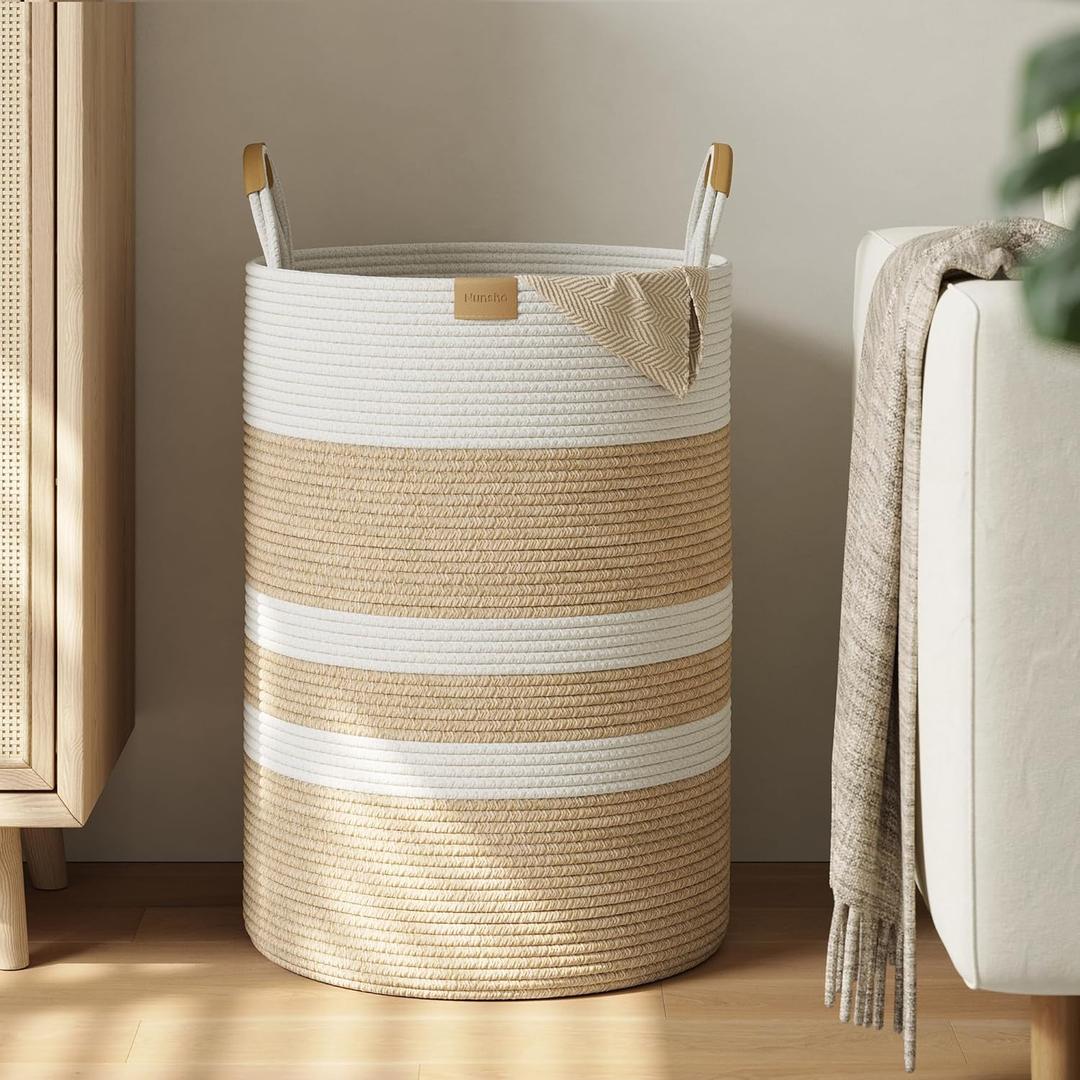 95L Striped Laundry Hamper with Leather Handles,Large Foldable Laundry Basket for Clothes,Cotton Rope Storage Bin for Blankets,Woven Clothes Basket for Bedroom,Beige Stripes (95L/25.1Gal, Brown&White)