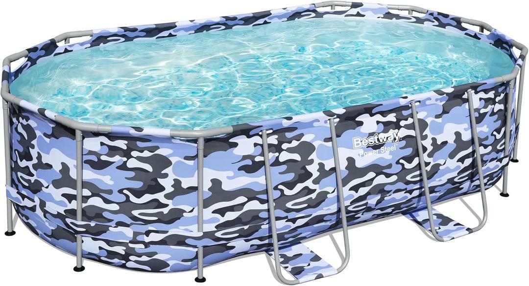 Bestway: Steel Pro Max - Oval Swimming Pool Set - 14' x 8'2" x 39.5, Blue Camo - Above Ground, Tritech Construction, Filter Pump, Ladder, 1,915 Gal.
