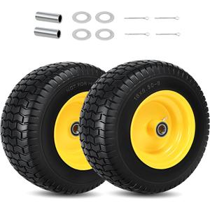 2 Pcs 16x6.50-8 Flat Free Lawn Mower Tire and Wheel with 1 Inch Axle | 3 Offset Hub, 1" Bearings & 3/4" Sleeves, 16x6.5-8 Solid Tires Replacement Front Tire for Riding Mowers and Graden Tractors