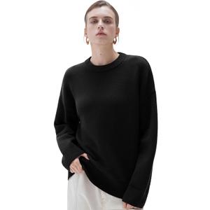SUUKSESS Women Cashmere Blend Oversized Crew Neck Long Sleeve Pullover Sweaters (X-Small, Jet Black)