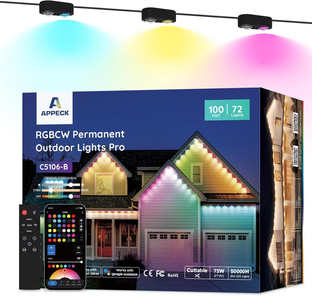 APPECK Permanent Outdoor Lights Pro 100ft, 72W RGBCW Eaves Lights with 72 LED Lights, 80lm, Cuttable, 111 Scene Modes, IP67 Waterproof Lighting for Halloween Decoration, Compatible with Alexa, Black