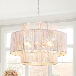 30.7 Large White Rattan Chandeliers, 3-Tier Boho Coastal Pendant Lights, Hemp Rope Hanging Ceiling Light, Wicker Lighting Fixture for Living Room, Dining Room, Bedroom, Kitchen Island