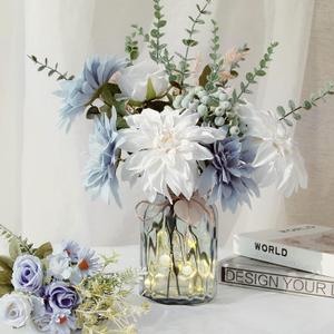 Fake Flowers with Vase, Silk Dusty Blue Rose Hydrangea Artificial Flowers in Vase Faux Dahlia Flowers Arrangement for Home Kitchen Living Room Summer Spring Decor Office Centerpiece Table Decorations
