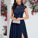 Miusol Women's Elegant Sequin Lace Contrast Chiffon Split Style Evening Party Maxi Dress (Medium, Navy Blue)