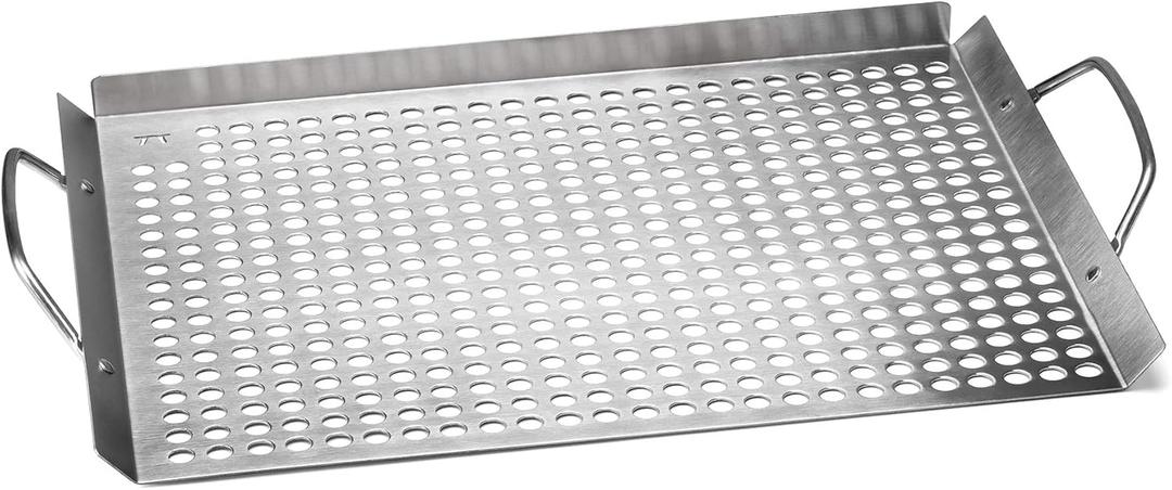 Outset 76632 Stainless Steel Grill Topper Grid, 11"x17" BBQ Tray | Stainless Steel Grill Topper | BBQ Veggie Grill Tray | Easy to Carry | Seafood Grill Tray With Holes | Infuses Flavor