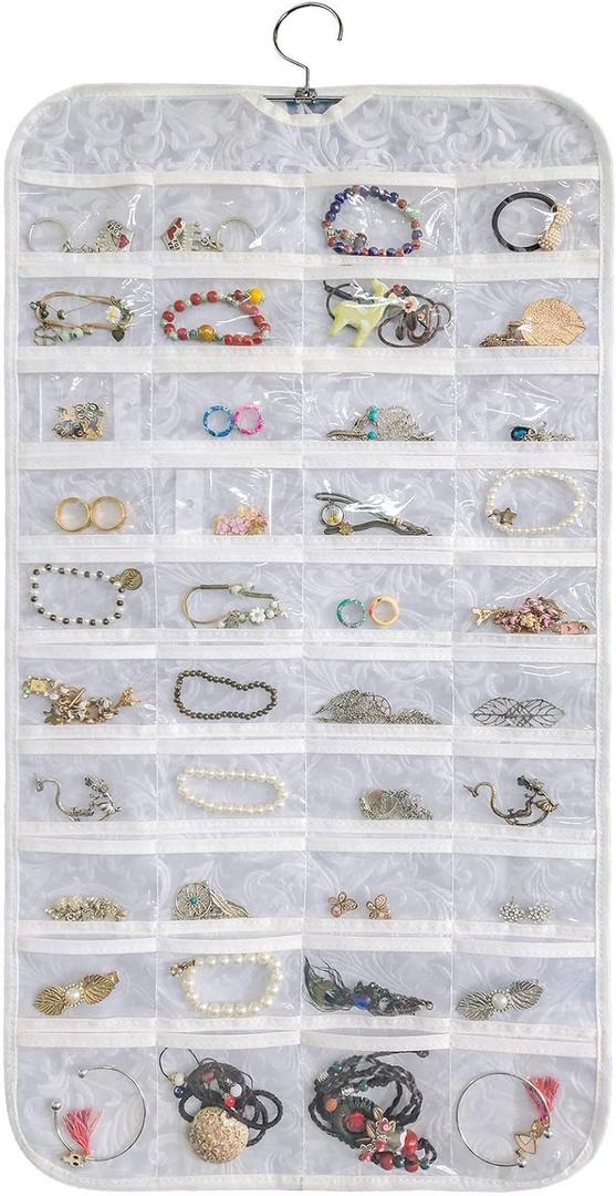 Hanging Jewelry Organizer,Accessories Organizer,80 Pocket Organizer for Holding Jewelries (White-Embossed)