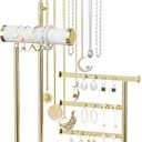 SZQINJI 5 Tier Jewelry Holder Organizer, Gold Jewelry Stand with Velvet Bracelet Holder, Adjustable Height Jewelry Display for Necklaces, Bracelets, Earrings, Rings, Gift Idea for Women, White