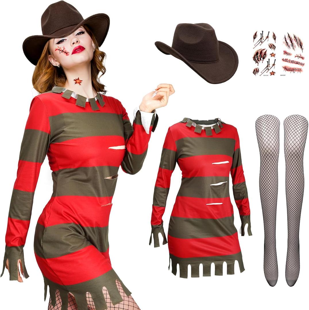 3 Pcs Halloween Costume for Women Red Green Striped Costume with Hat Fishnet Stockings Scar Stickers Cosplay Killer (Large)