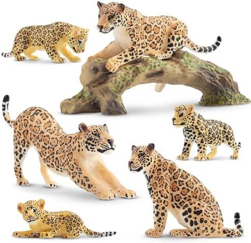 Toymany 7PCS Leopards Figurines with Leopards Cub and Tree Trunk, Realistic Jungle Animals Figures Family Playset, Educational Toy Cake Toppers