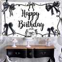 Coquette Birthday Decorations Black Bow Happy Birthday Backdrop Black Bow Bday Decorations Girls Women Photography Backgrounds, 5.9 * 3.6Ft