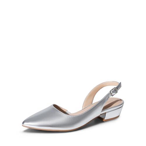 DREAM PAIRS Womens Slingback Kitten Low Block Heels Closed Pointed Toe Ankle Strap Elegant Dressy Pumps Wedding Party Dress Shoes for Women,Size 10,Silver,DWUMPU2503