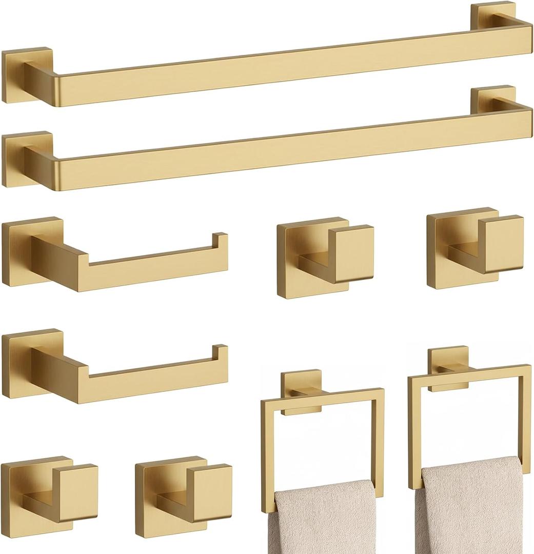 10-Piece Brushed Gold Bathroom Accessories Set 23.6" Towel Bar, Towel Ring, Toilet Paper Holder & Hooks, Wall Mounted Bathroom Hardware, Rust & Corrosion-Resistant, Ideal for Modern Bathrooms