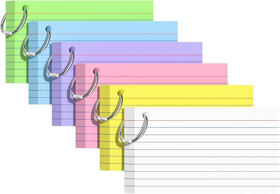 Index Cards 3x5 Inches, 300 PCS, Colored Flash Cards With Ring, Punched Lined Study Card Ruled Flashcards Notecards, Ruled Front And Blank Back, Note Card for School, College And Home (Multicolor-6Pack)