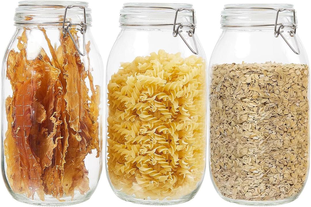 3 Pack 68 oz Glass Jars with Airtight Lids  Food Storage Containers with Preserving Seal Wire Clip Fatening, Glass Canisters for Kitchen Canning Flour, Cereal, Sugar, Beans (68oz*3)