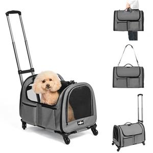 Large Pet Carrier with Wheels, Foldable Rolling Dog Carrier with Big Pocket, Cat Rolling Bag 21"x13"x13" for 2 Cats &Dogs, for Travel, Outdoor, Vet Visits, Camping, Indoor. Gray. (Not for Airline)