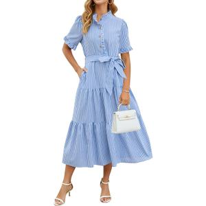 Womens Striped Summer Dress Elegant Ruffled Sleeve Button Down Tie Waist Maxi Shirt Dresses (Blue, XL)