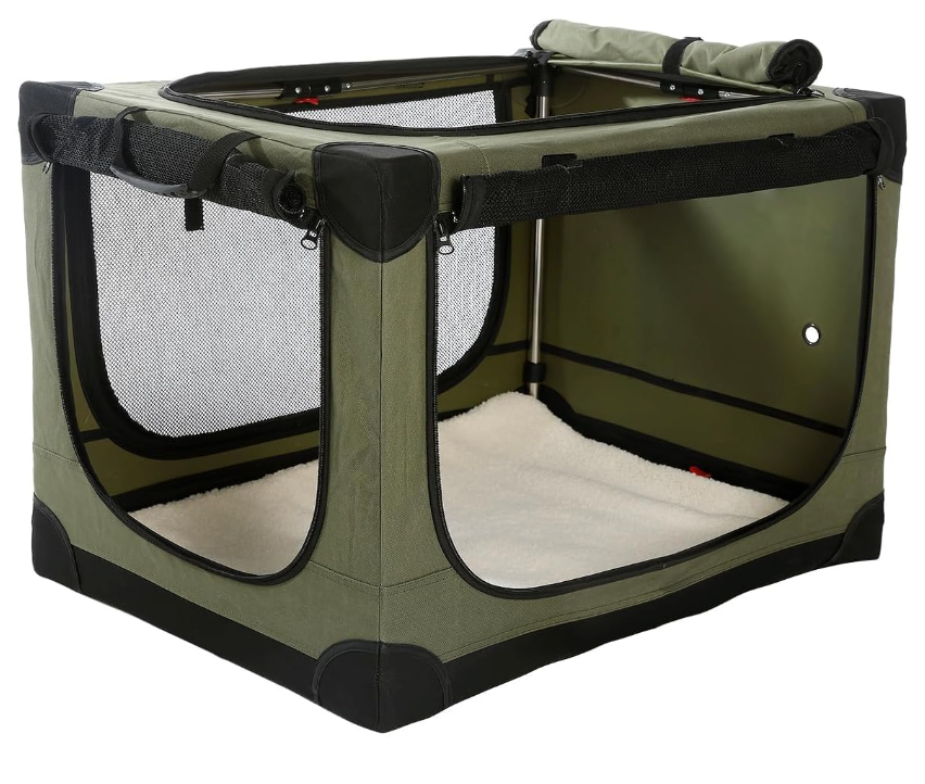 36 Inch Collapsible Travel Dog Crate for Medium Large Dogs, Portable Dog Crate 4-Door Foldable Soft Kennel with Chew-Proof Mesh Windows for Indoor & Outdoor Travel,with Storage Bag, Army Green