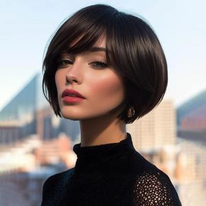 MIMAN 8 Inch Chin Length Bob Wigs for Black Women Human Hair Glueless Wig Short Black Layered Wavy Pixie Wigs with Bangs Natural Black Hair Replacement Wig