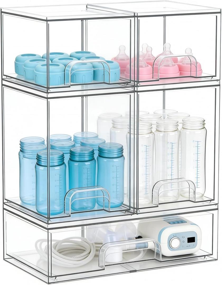 Baby Bottle Organizer, Large Capacity Stackable Acrylic Storage with Non-Slip Pads, for Baby Bottles, Pump Parts, Kitchen Countertop, Pantry, Vanity, 5-Piece