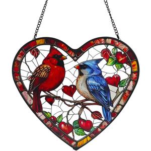 Heart-Shaped Stained Glass Window Hanging, 7.9 in Cardinal & Blue Jay Birds Sun Catcher Indoor Window Decor, Colorful Glass Art Panel for Home, Garden, Valentines Gift