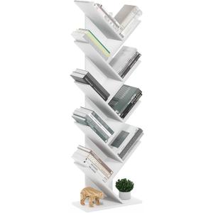 Furinno TREE Book Shelf, 9-Tier Bookshelf, Tree Bookcase with Angled Open Shelf, 8.4 x 15.7 x 50.9, for Room Decor, for Living Room, Bedroom, Home Office, White