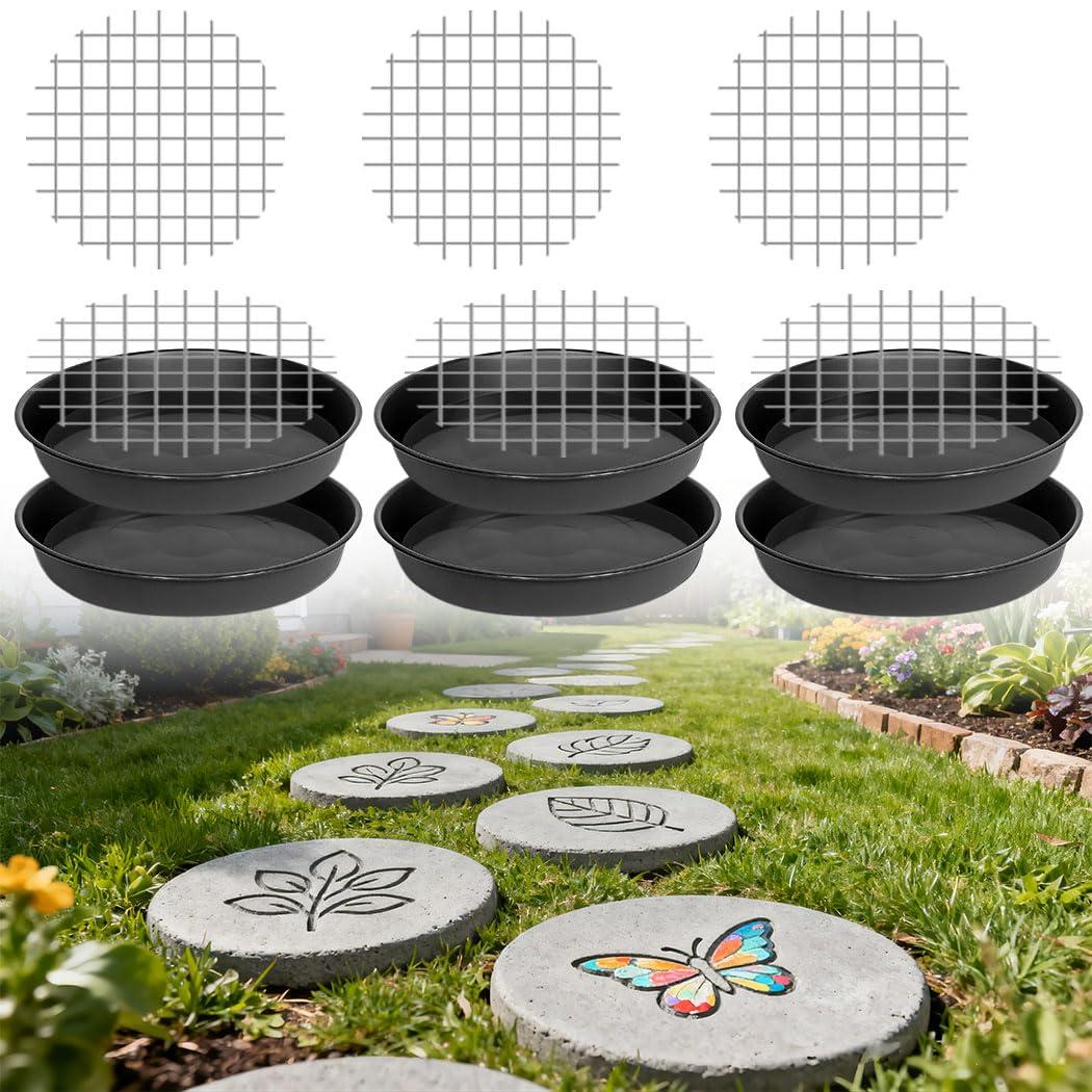 6 Pcs Stepping Stone mold with Reinforced Steel Net, Round Plastic Cement molds for Concrete, Dia 10.2 in/ 1.18 in Depth Black Tray, Reusable DIY Form for Garden Path, Walkway
