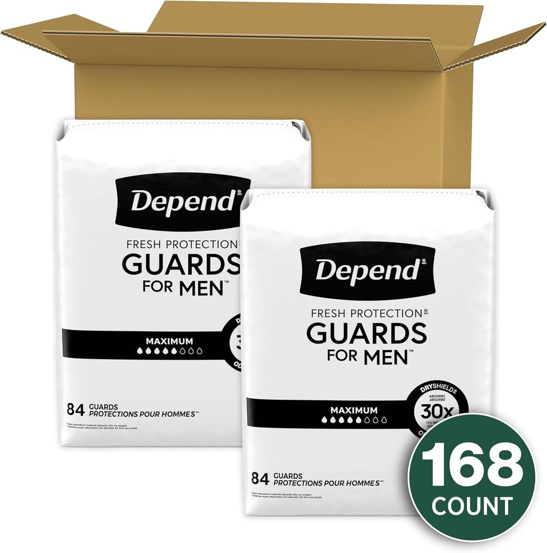 Depend Guards Incontinence Pads for Men, Maximum Absorbency, 168 Count (2 Packs of 84), Packaging May Vary, One size