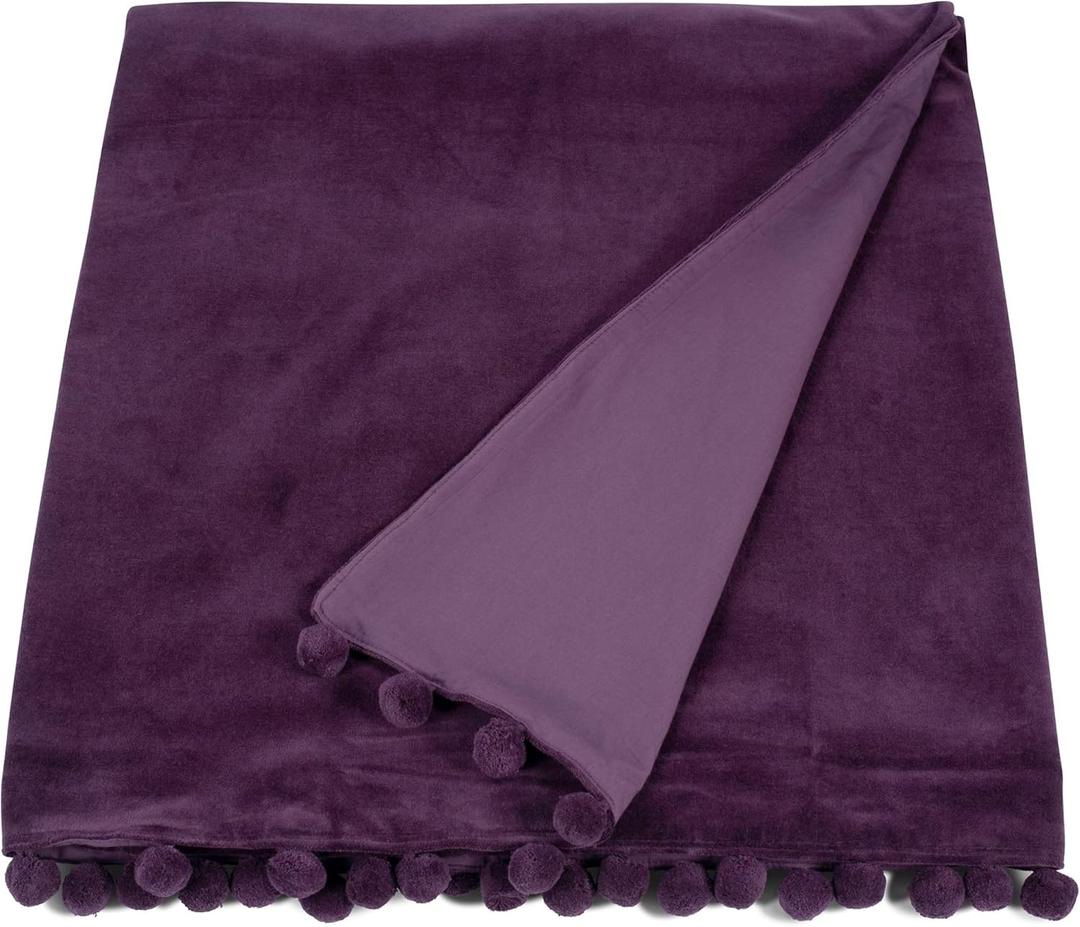 55 in x 71 in Velvet Throw Blanket - Sofa Throw Blankets Made of Cotton Velvet with Pompom Trims on Sides - Versatile Cotton Velvet Accent Blanket for Bed (Aubergine)