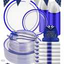 Goodluck 350 Pieces Blue Plastic Plates, Clear Plastic Silverware Disposable Plates Set, Include 100 Plates, 50 Pack Pre Rolled Napkins with Silverware, 50 Cups for Party, Wedding, Graduation