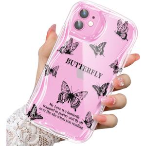 2 x Compatible for iPhone 11 Case, Pretty Butterfly Print Three-Dimensional Wave Clear Case for Girls Women, Soft Full Package Anti-Fall Cover for iPhone 11, Shadow Dance Black
