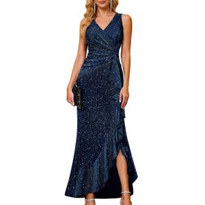 BeryLove Womens Sequin Formal Long Ruffle Dress Party Wedding Cocktail Gown Sequin Homecoming Formal Maxi Dress V Neck Ruched Wrap Mother of Bride Dresses with Ruffle for Sparkly Prom Evening Events, Navy XL