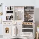 ROBUD Wooden Play Kitchen Set for Kids and Toddlers with Coffee Machine, Ice Maker, Microwave, Oven, Large Cabinet, 12 Accessories, Gift for 3+, White