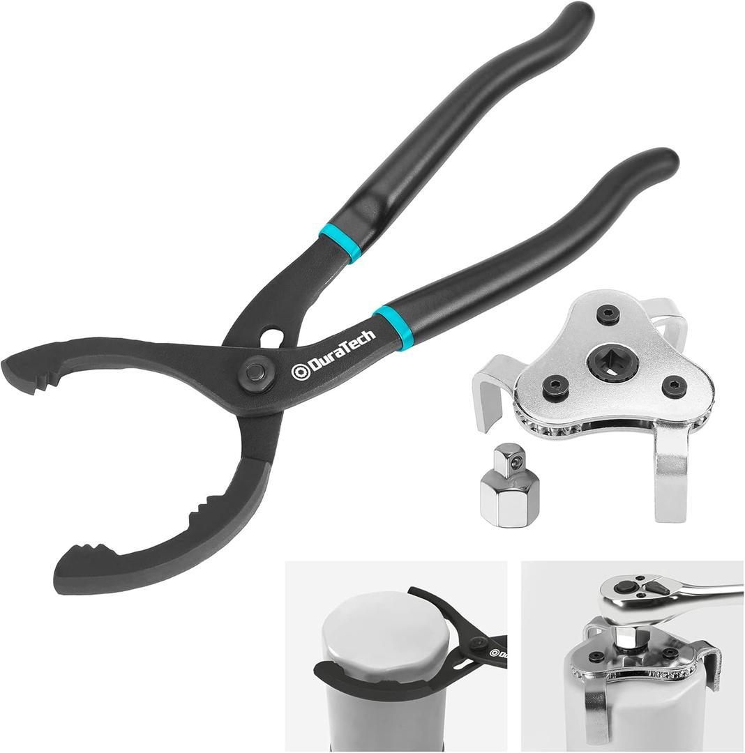 DURATECH 2-Piece 12 Inch Oil Filter Pliers & 3 Jaw Adjustable Oil Filter Removal Wrench, for Cars, Motorcycles and Trucks