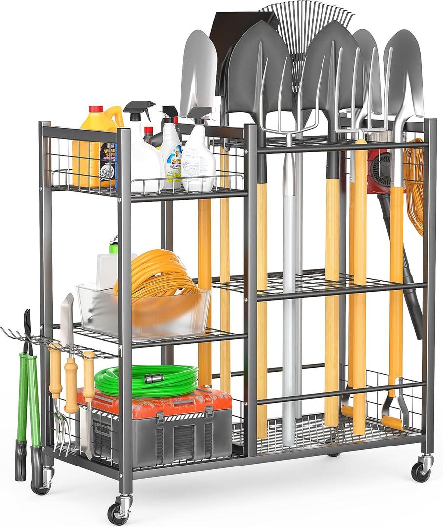 Garden Tool Organizer with Lockable Wheels, Yard Tool Storage Rack for Garage, Garden Tool Stand for Rake, Brooms, Indoor & Outdoor Use