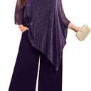 ZOMVA Plus Size Mother of the Bride Pant Suits Dressy 2 Piece Asymmetric Cape Set with Pockets Wedding Guest Outfit (Sparkly Drak Purple, XL)