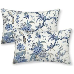 Chinoiserie Spring Pillow Covers 12x20 Set of 2, Birds Bule Floral Farmhouse Decorations Throw Pillow Covers Vintage White Blue Outdoor Decorative Linen Cushion Case for Couch Sofa Home