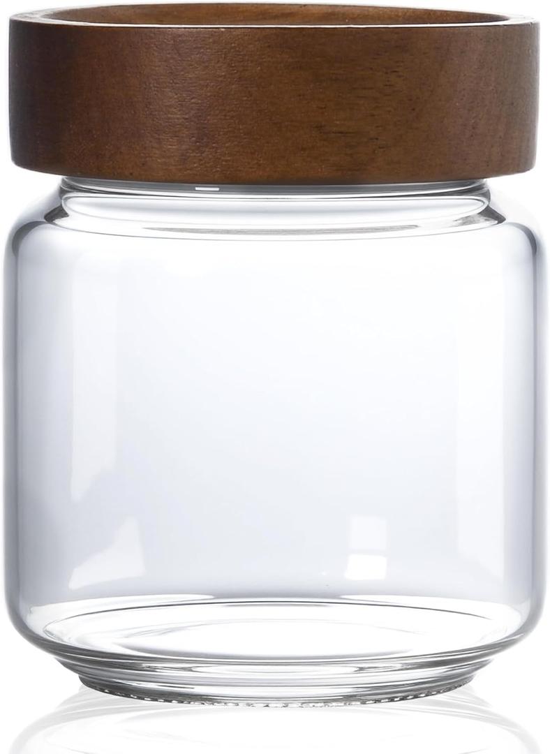 13.5 fl oz/400 ml Glass Jar with Airtight Wooden Screw Top Lid, Clear Stackable Food Storage Canister, Small Cute Decorative Glass Container for Coffee, Candy, Cookie, Sugar, Oatmeal, Salt