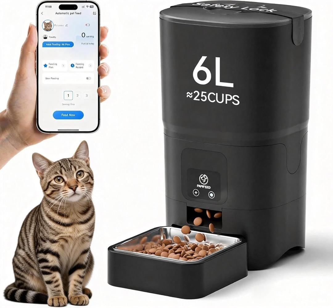 PAPIFEED Automatic Cat Feeder, 6L Smart WiFi Cat Food Dispenser with App Control, BluetoothAssisted Setup, Stainless Steel Bowl, AntiClog Design for Dry Cat Food, 6L-2.4G-Black