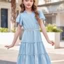 Arshiner Girls Dresses Summer Ruffle Sleeve Swiss Dot V Neck Twirl Birthday Party Midi Dress with Pockets (6, Light Blue)