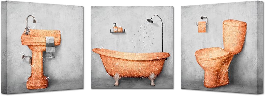 KREATIVE ARTS Canvas Set of 3 Elegant Bathtub Dresser Wash Basin Canvas Print Art Bathroom Pictures Wall Decor Vintage Artwork 12x12inchx3pcs (Orange)