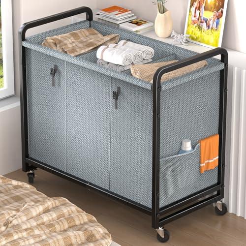 60 Gal (230L) Laundry Sorter 3 Section, Laundry Hamper Cart with Heavy Duty Rolling Lockable Wheels and Metal Handle,Laundry Basket Organizer with Removable Bag for Laundry Room and Bedroom - Grey